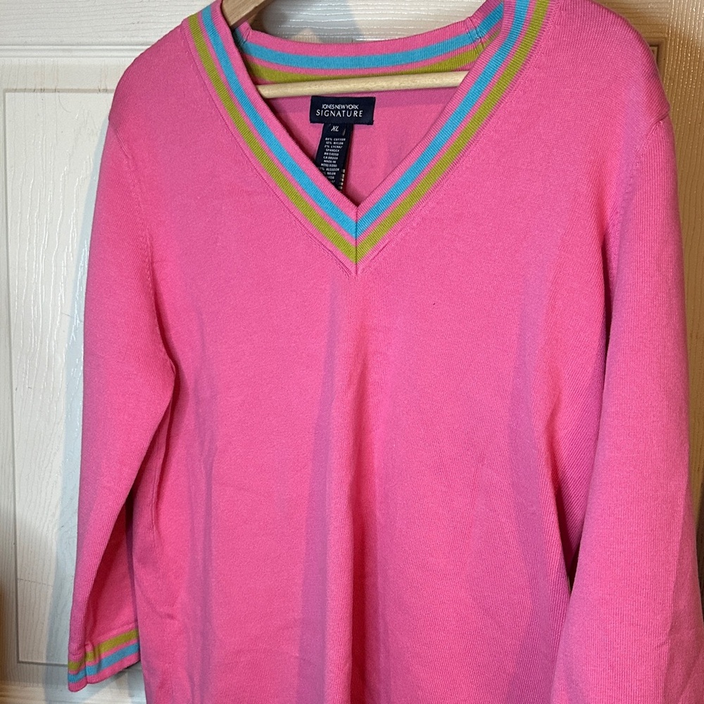 Signature Studio Pink V-Neck Sweater with Colorful Trim